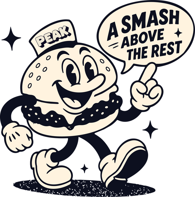 The Peak Burger Co smash-burger mascot